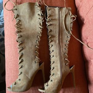 Peep toe suede lace up boots by Shoe Republicla